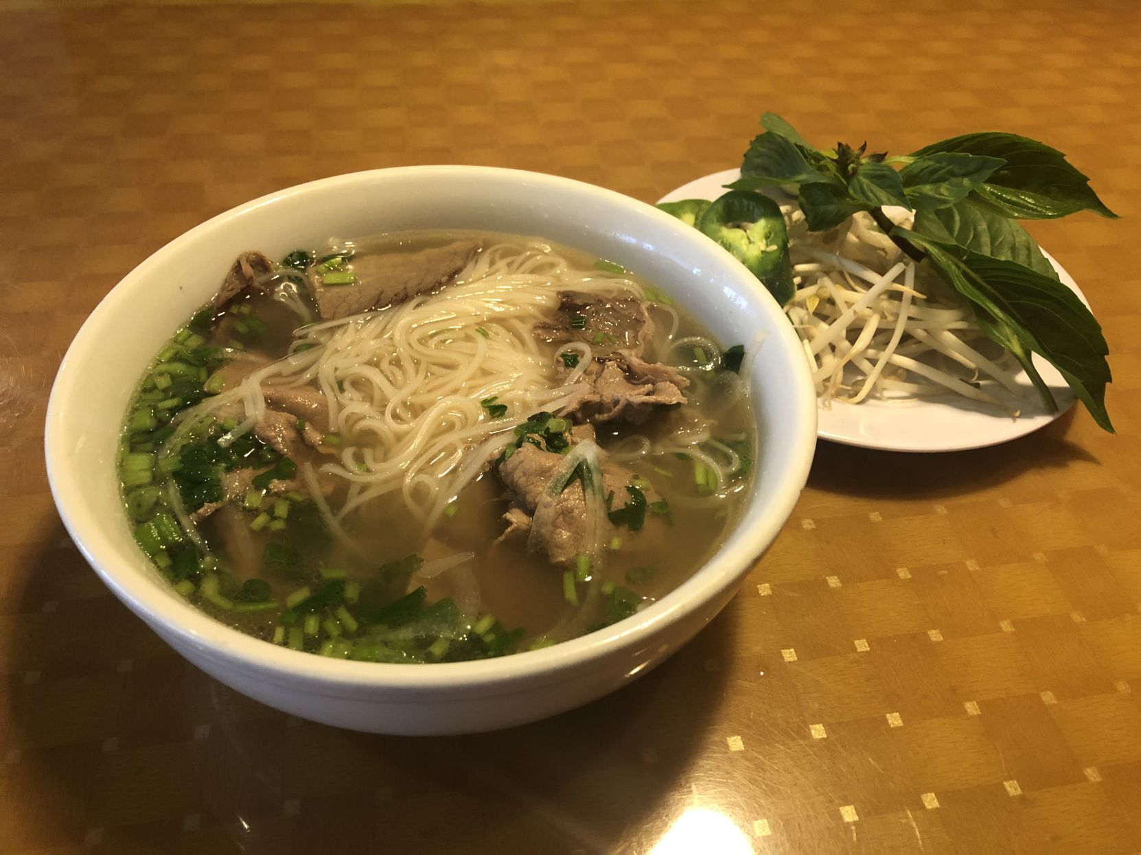 Pho with rare steak and well-done brisket